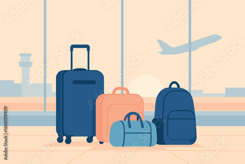 Vibrant airport scene with suitcases, backpacks, and travel gear in a terminal overlooking a plane, perfect for travel, tourism, vacation planning, airport, and luggage concepts.
