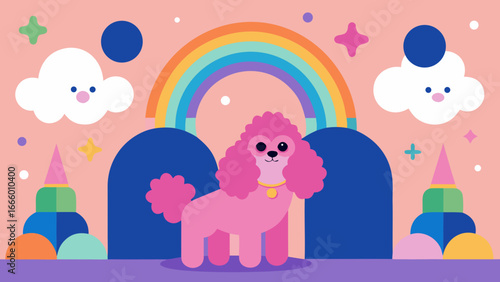 Flat vector abstract poster with oversized pink poodles, rainbow arch, stars and hearts, saturated playful maximalism, kitsch cartoon style