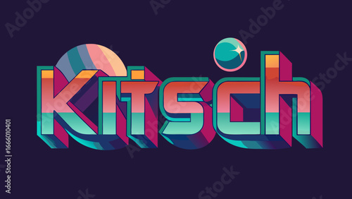 Gradient vector typography poster, word KITSCH in 3D bubble letters with chrome and neon gradient, disco ball reflections in background