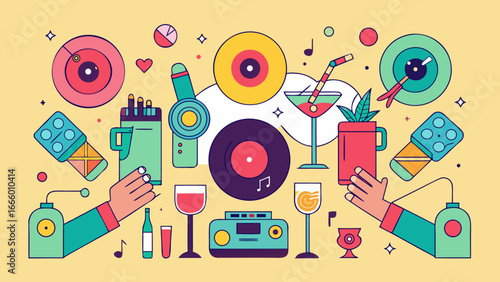 Colorful party scene with vinyl records, drinks and gadgets in playful kitsch doodle style