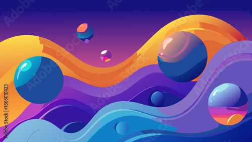 Abstract colorful waves and glossy spheres floating in surreal kitsch space landscape