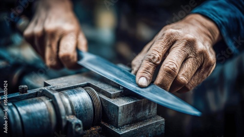 A craftsman meticulously sharpens a knife using a grinding machine in a workshop.