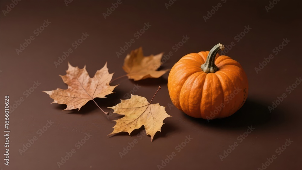 pumpkins paired with withered leaves, set against a dark brown background, presenting a rich autumn atmosphere and harvest texture. pumpkins paired with withered leaves, set against a dark brown background, presenting a rich autumn atmosphere and harvest texture.