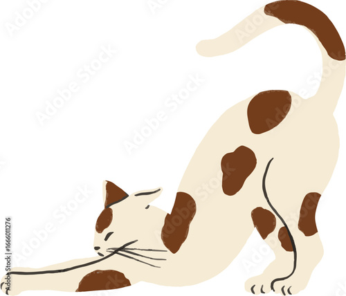 Playful illustration of a spotted cat stretching forward, great for pet lovers, animal artwork, and creative stock graphics