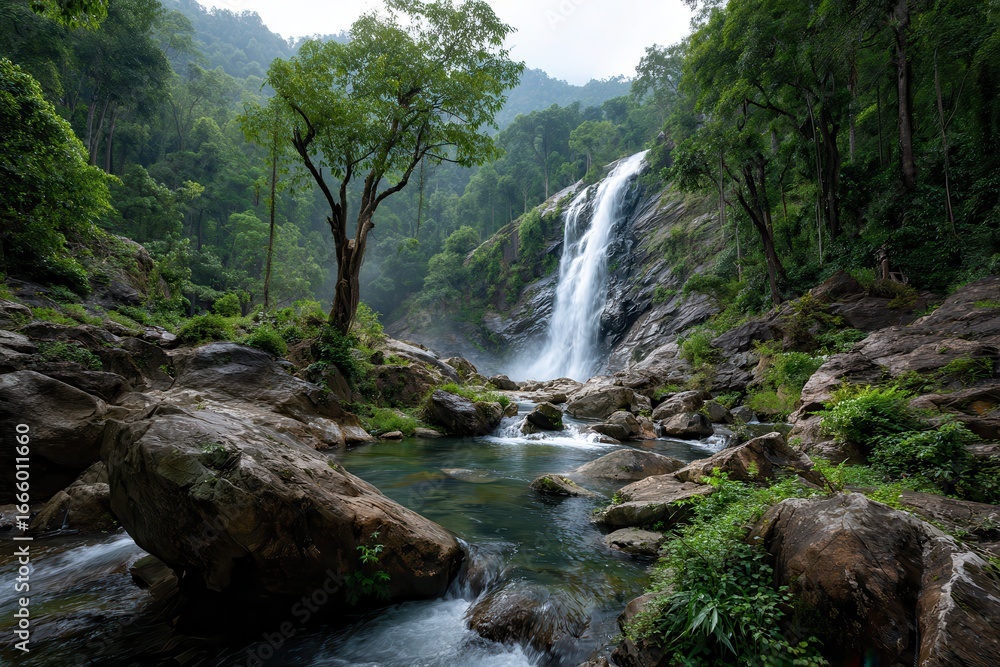 Fototapeta premium Khlong Lan waterfall cascades dramatically among lush greenery in Thailand, inviting visitors for a refreshing escape into nature's beauty