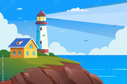 A cartoon lighthouse on a cliff overlooking the ocean with a small house