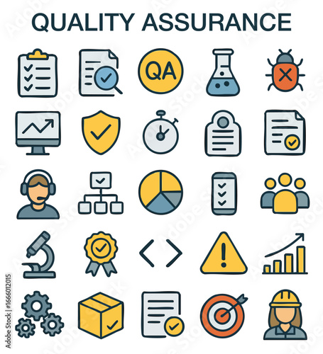 Quality Assurance & Project Management Icon Set – Flat Design for Testing, Development & Workflow