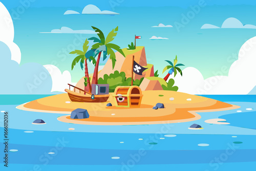 A cartoon illustration of a tropical island with a pirate ship and treasure