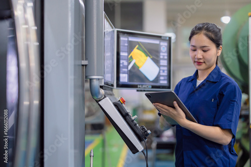 Fotografía young technician engineer worker with CNC lathe metal machine in modern steel in