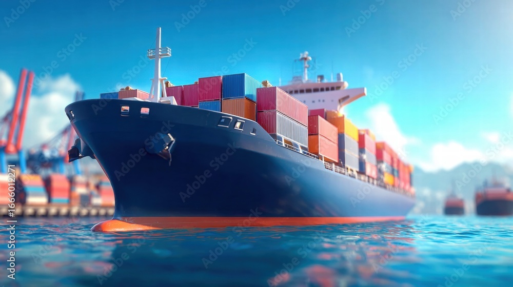 Obraz premium A massive cargo ship carries containers across the ocean, facilitating global trade and transport.