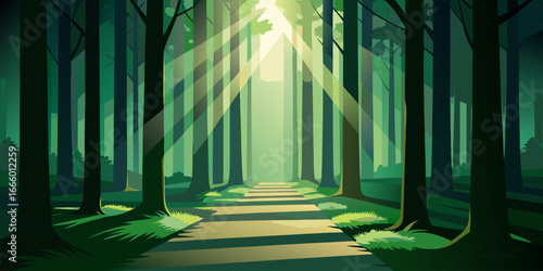 Sunbeams piercing through a dense forest canopy illuminating the lush greenery below