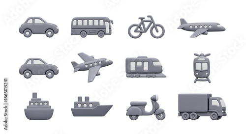 A 3d collection of diverse transportation vehicles including cars airplanes trains and boats