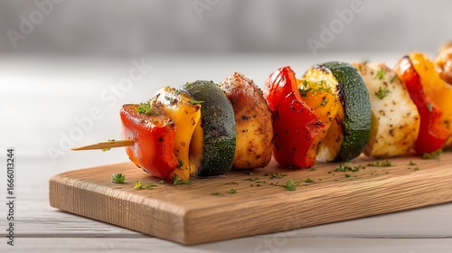 Delicious grilled kabob skewers featuring vibrant bell peppers, zucchini, and potatoes with herbs, presented on a wooden cutting board