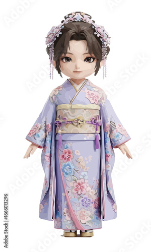 Full-body chibi character in elegant pastel kimono with floral patterns standing gracefully 