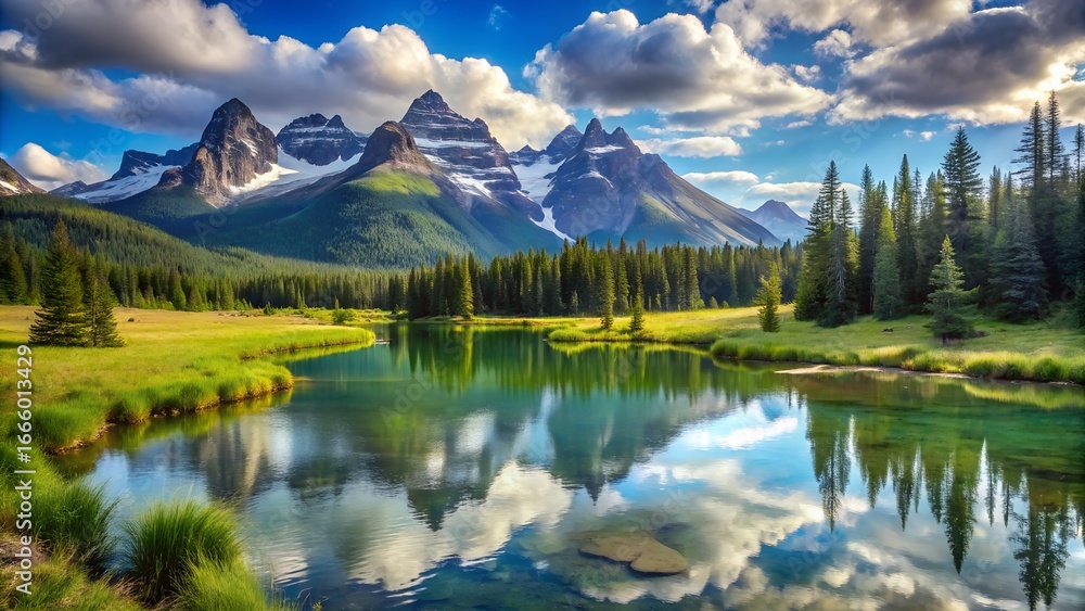 Obraz premium Majestic mountain range reflected in a calm alpine lake under a dramatic cloudy sky