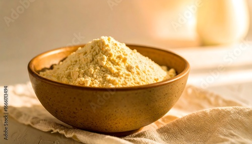 Golden Gram Flour in Rustic Bowl, Warm Light