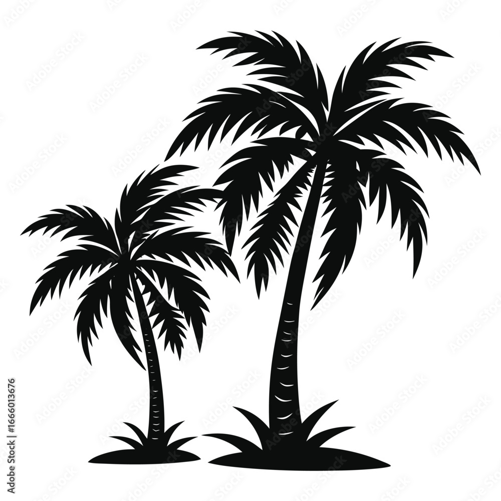 Fototapeta premium Vector art of two black palm trees silhouette with grass
