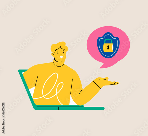 Man with laptop with security measures. Colorful vector illustration