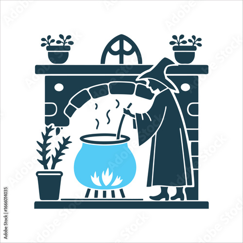 Kitchen Witch Cauldron Brewing Potion Icon Kitchen Witch Cauldron with steam curling into herb sprigs rosemary or sage hearth warmth