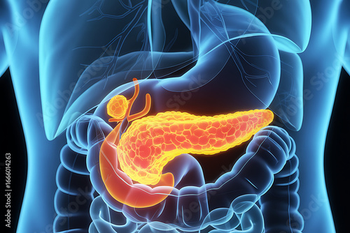 Fototapeta Naklejka Na Ścianę i Meble -  3d scientific rendering of the human pancreas showing anatomical structure digestive system and abdominal position for healthcare education and medical research