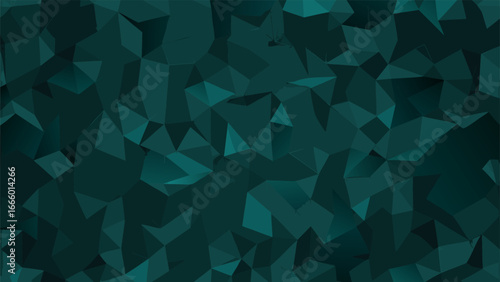 A dark teal geometric mosaic background with various polygonal shapes and forms