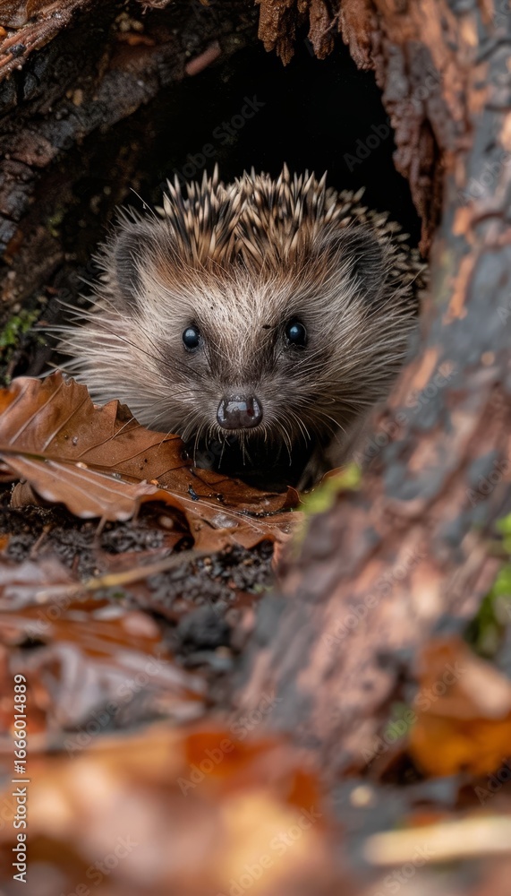 Fototapeta premium Adorable hedgehog curled up snugly in a vibrant pile of fallen autumn leaves, nature s cozy blanket