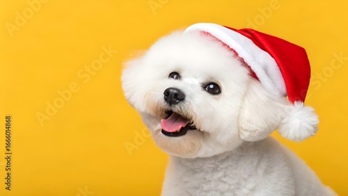 Joyful Bichon Frise in Santa Hat Against Yellow Background
