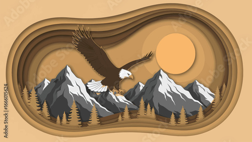 Majestic bald eagle soars gracefully over snow-capped mountains and pine trees under a warm, setting sun, rendered in a layered paper-cut art style.