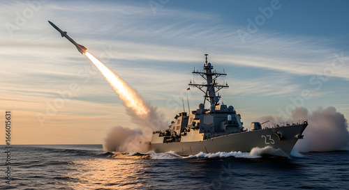 A guided missile launches from a navy warship on the open sea, demonstrating advanced military technology and defense capabilities during a training exercise