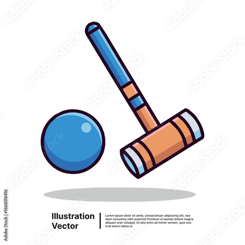Classic Outdoor Leisure Game Equipment Cartoon Illustration of a Croquet Mallet and Ball Ready for Play