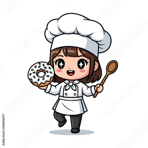 A cheerful cartoon chef in a uniform hat presents a gourmet meal on a plate