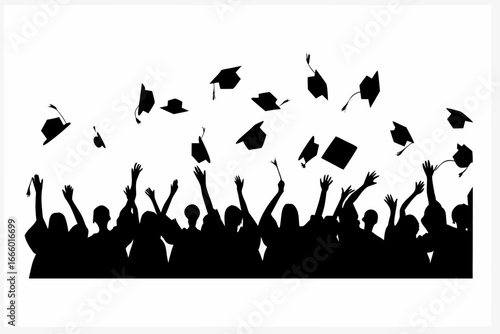 Graduation Celebration Silhouette with Flying Caps and People Cheering