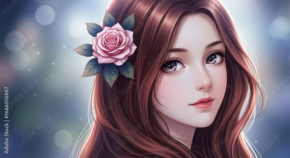 Naklejka premium Beautiful Young Woman with Rose in Hair.