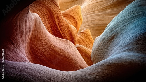 Intriguing sandstone formations create an abstract, colorful canyon landscape with unique textures.