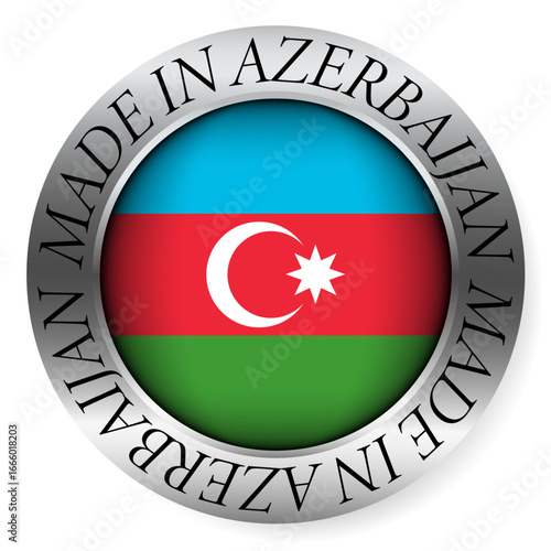 Made in Azerbaijan button icon. Circular emblem with metallic border, glossy central flag, and bilingual label indicating product origin and international manufacturing identity.