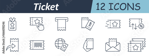 Ticket set icon. Outline icons show admission slips with barcodes, discount signs, envelopes, hands, VIP tags, selection gestures, arrows, and global access symbols in linear style.