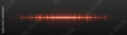 Audio bar. Glowing frequency wave with high intensity peaks and reflection. Suited for UI, music interface, sound visualization, digital signal.