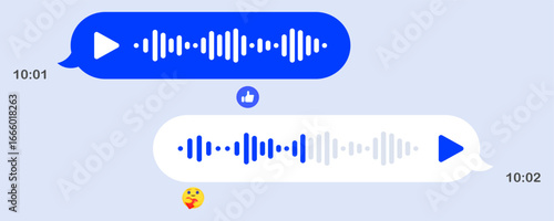 Voice chat icon. Audio messages in messenger, play button, waveform, chat bubbles, emoji reaction, like symbol, night interface, mobile screen, digital dialog, sound communication.
