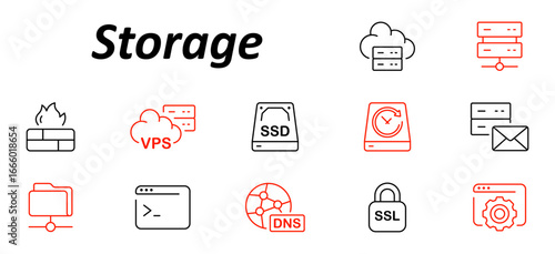 Storage set icon. Disks, folders, firewalls, clouds, terminal windows, network icons, padlock, database servers, and DNS or SSL elements in outlined structure.