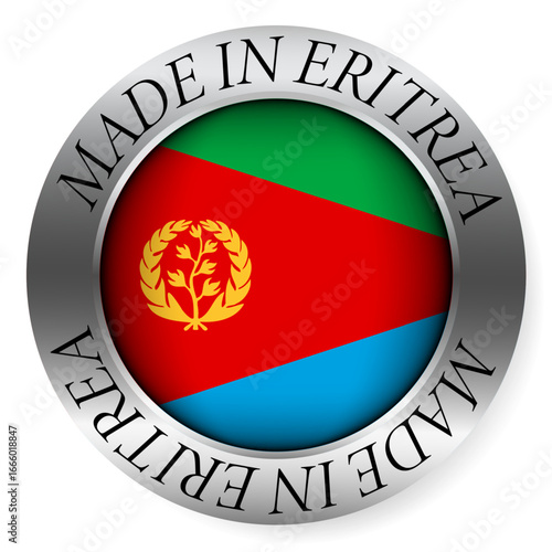 Made in Eritrea button icon. Circular emblem with metallic border, glossy central flag, and bilingual label indicating product origin and international manufacturing identity.