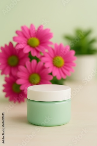Wallpaper Mural Green cosmetic jar with white lid and pink flowers in background Torontodigital.ca