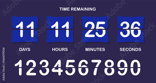 Countdown timer icon. Flip-style numeric display showing days, hours, minutes, seconds with brown background, bold split numbers, and a clear time-remaining header in white text.