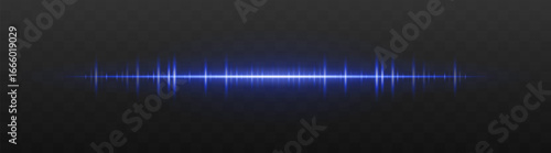 Audio bar. Glowing frequency wave with high intensity peaks and reflection. Suited for UI, music interface, sound visualization, digital signal.