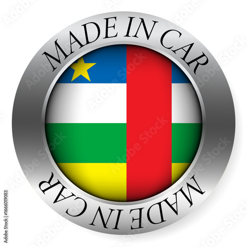 Made in Central African Republic button icon. Circular emblem with metallic border, glossy central flag, and bilingual label indicating product origin and international manufacturing identity.