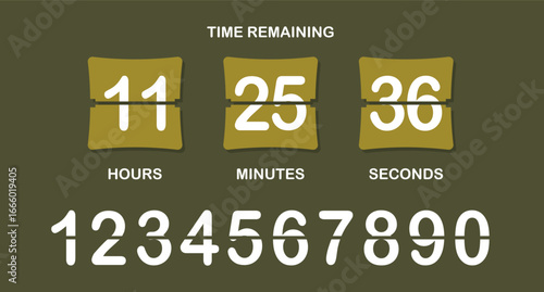 Countdown timer icon. Flip-style numeric display showing days, hours, minutes, seconds with brown background, bold split numbers, and a clear time-remaining header in white text.