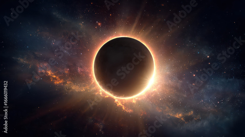 Solar eclipse with darkened moon blocking sun, surrounded by glowing corona and starry space background, creating dramatic