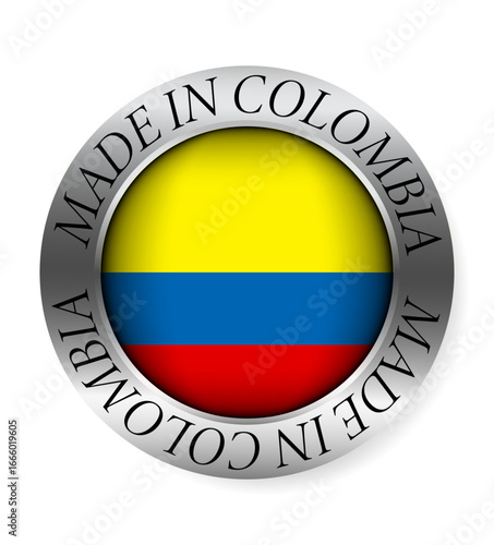 Made in Colombia button icon. Circular emblem with metallic border, glossy central flag, and bilingual label indicating product origin and international manufacturing identity.