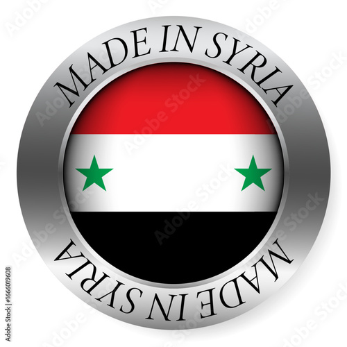 Made in Syria button icon. Circular emblem with metallic border, glossy central flag, and bilingual label indicating product origin and international manufacturing identity.
