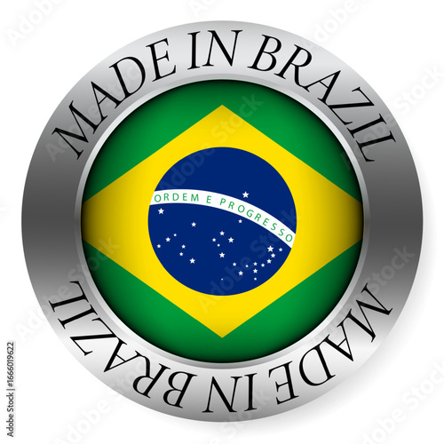 Made in Brazil button icon. Circular emblem with metallic border, glossy central flag, and bilingual label indicating product origin and international manufacturing identity.