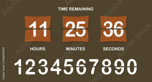 Countdown timer icon. Flip-style numeric display showing days, hours, minutes, seconds with brown background, bold split numbers, and a clear time-remaining header in white text.